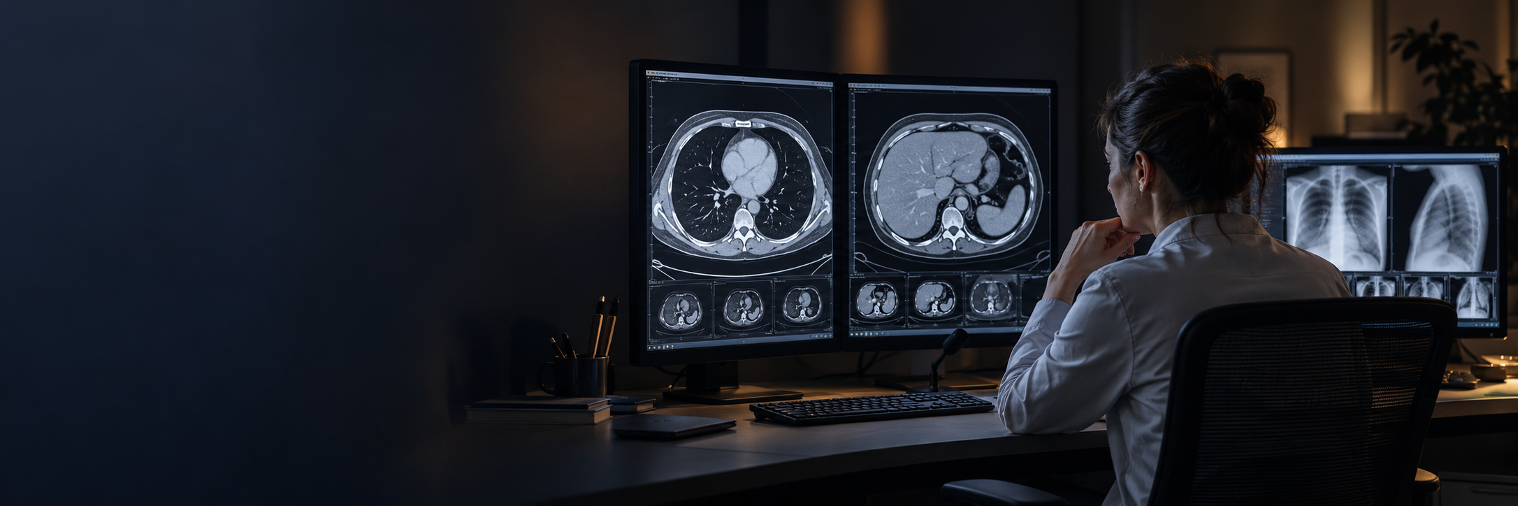 Illustration of a radiologist reviewing diagnostic images in a dimly lit reading room