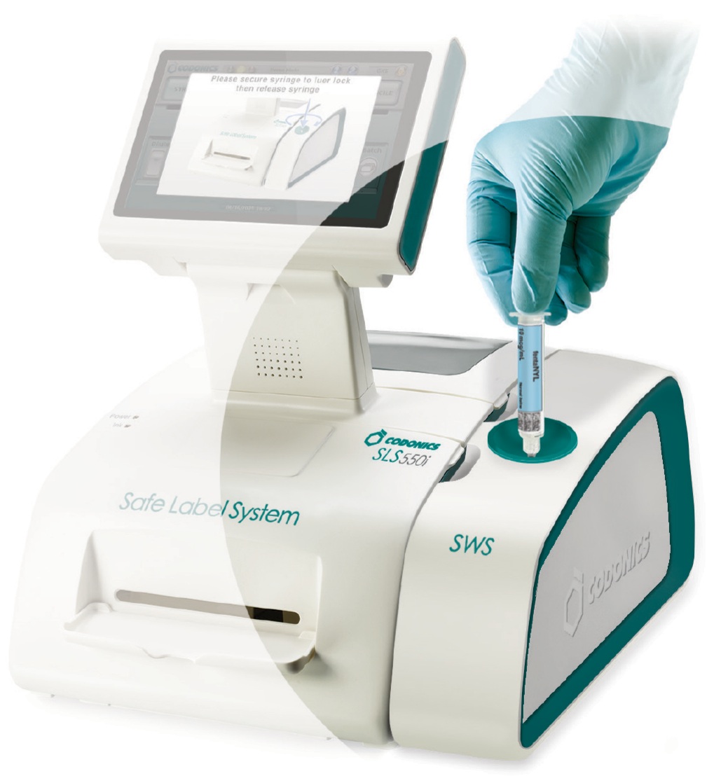 Codonics Safe Waste System receiving a syringe alongside a Safe Label System station