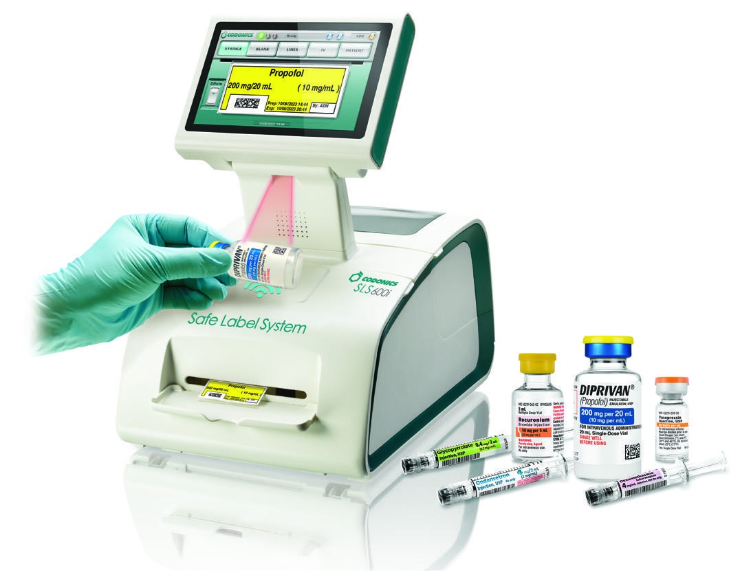 Codonics SLS 600i scanning a medication vial and printing a syringe label