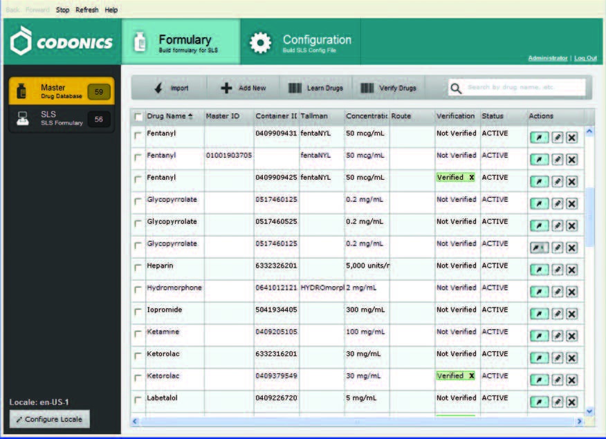 SLS Administration Tool formulary screen with pharmacy-managed medication records